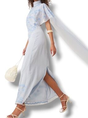 ASOS DESIGN Embroidered Cape Train Maxi Dress in Baby Blue NWT Size 14
